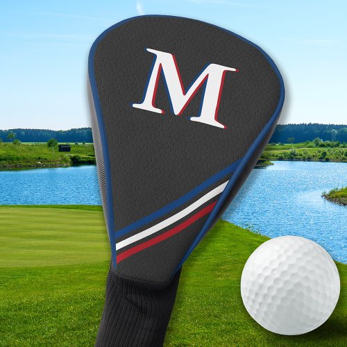 Black Leather Personalized Monogram Sporty Stripes Golf Head Cover