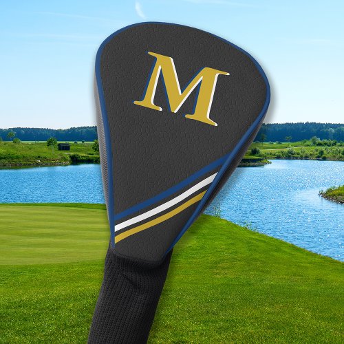 Black Leather Personalized Monogram Stripes Gold Golf Head Cover
