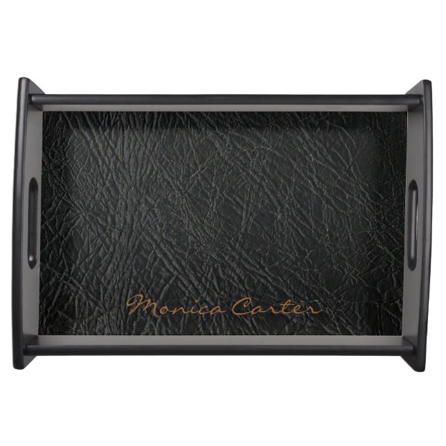 black leather personalized with name serving tray (Front)
