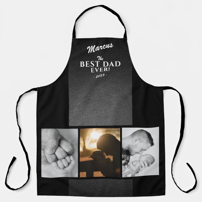 Black Leather Print Best Dad Ever 3 Photo Collage Apron (Front)