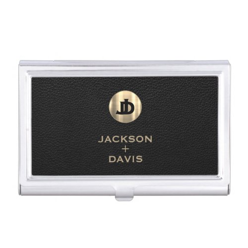 Black Leather Print Gold Initials Logo Business Card Case