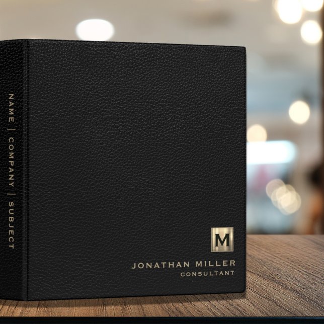Black Leather Print Luxury Gold Monogram 3 Ring Binder (Creator Uploaded)