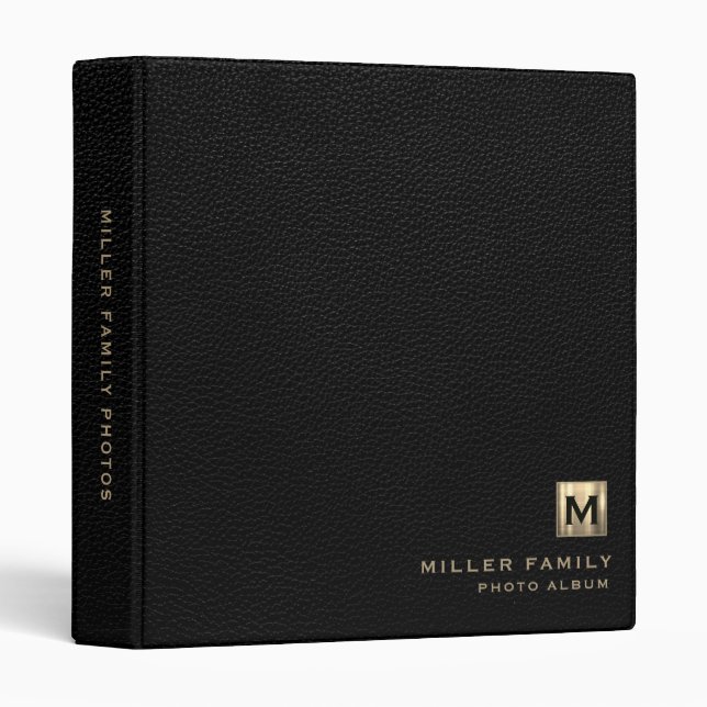 Black Leather Print Monogram Photo Album Book 3 Ring Binder (Front/Spine)