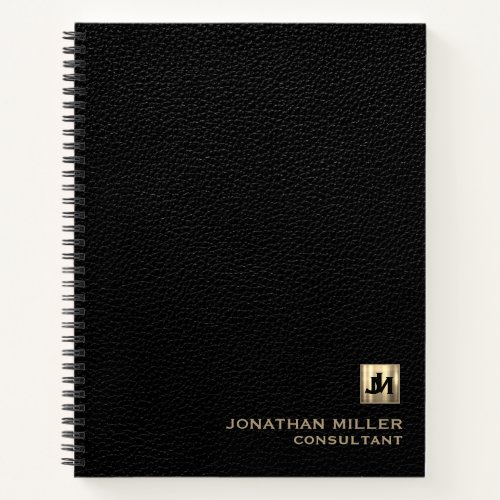 Black Leather Print with Gold Monogram Initials Notebook