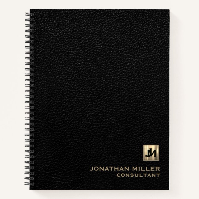 Black Leather Print with Gold Monogram Initials Notebook (Front)