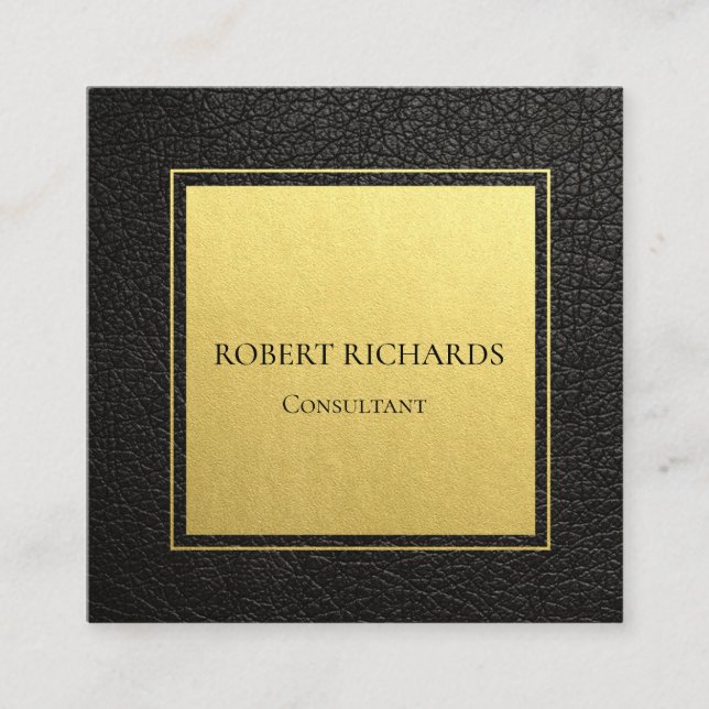 Black leather professional elegant gold foil  square business card (Front)