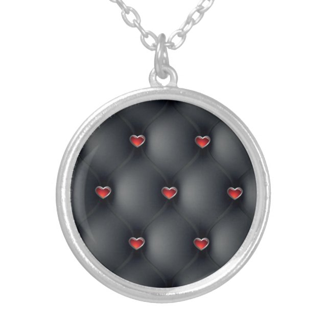 Black Leather Red Hearts Pattern Silver Plated Necklace (Front)