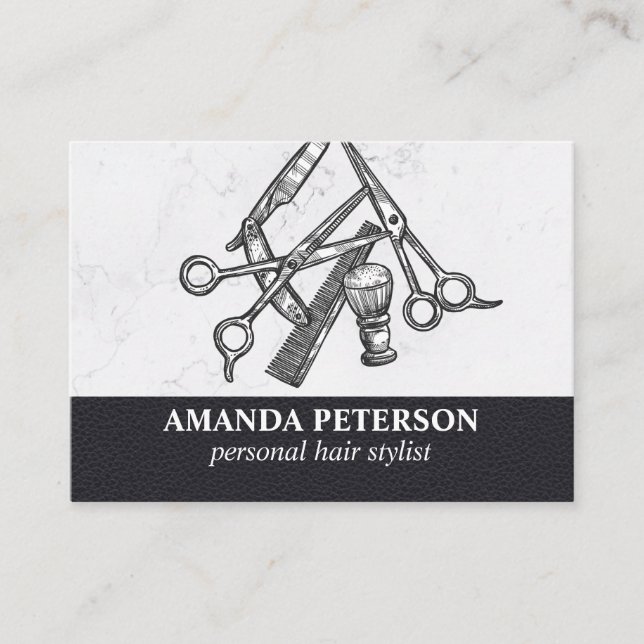 Black Leather | Salon Marble | Barber Shop Tools Business Card (Front)
