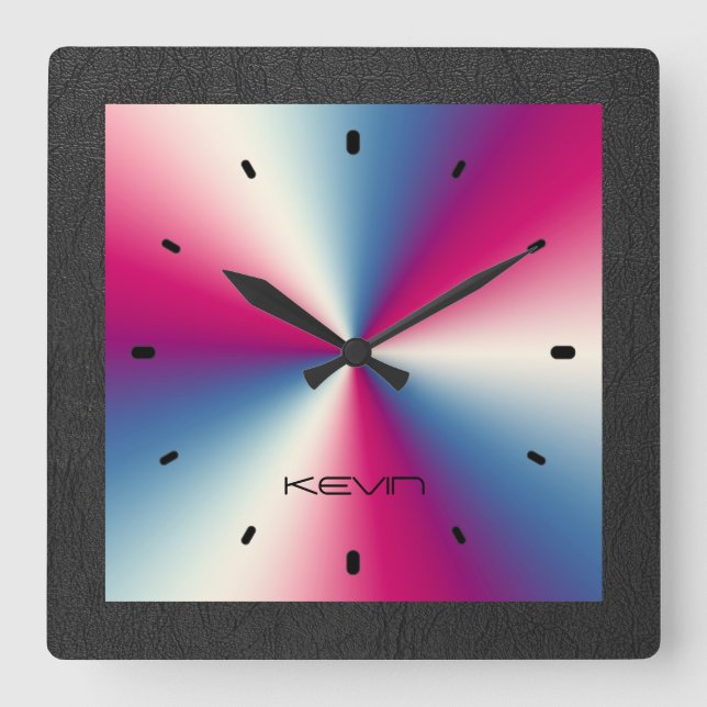 Black Leather & Shiny Metallic Stainless Steel Square Wall Clock (Front)
