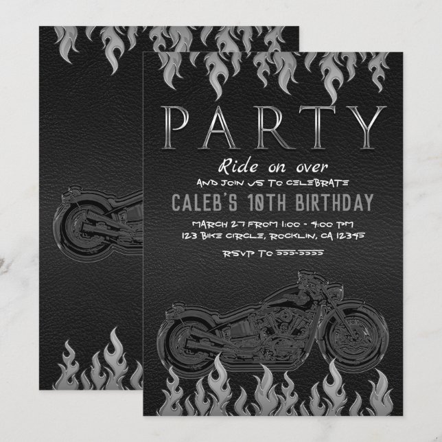 Black Leather Silver Chrome Motorcycle Biker Party Invitation (Front/Back)