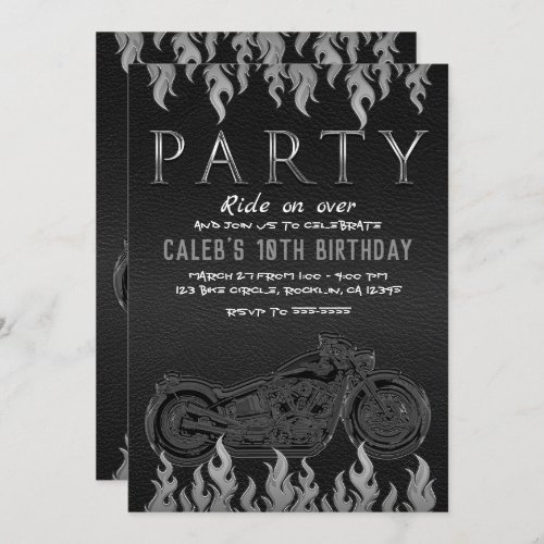 Black Leather Silver Chrome Motorcycle Biker Party Invitation