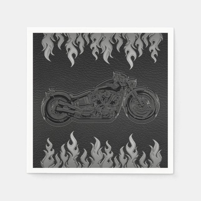 Black Leather Silver Chrome Motorcycle Biker Party Paper Napkins (Front)