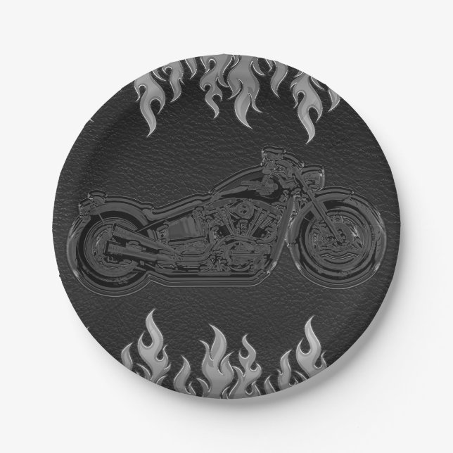 Black Leather Silver Chrome Motorcycle Biker Party Paper Plates (Front)