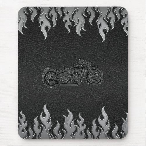 Black Leather Silver Flames Chrome Motorcycle Mouse Pad