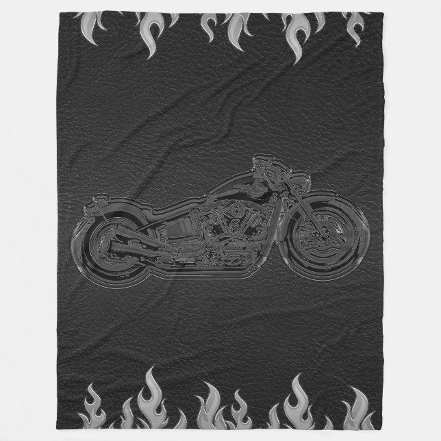 Black Leather Silver Flames Hot Fire Motorcycle Fleece Blanket (Front)