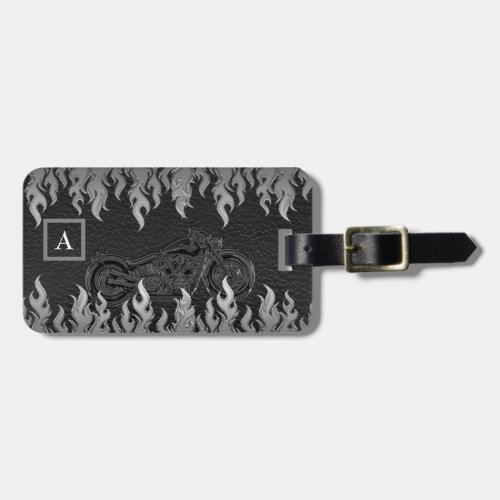 Black Leather Silver Flames Hot Fire Motorcycle Luggage Tag