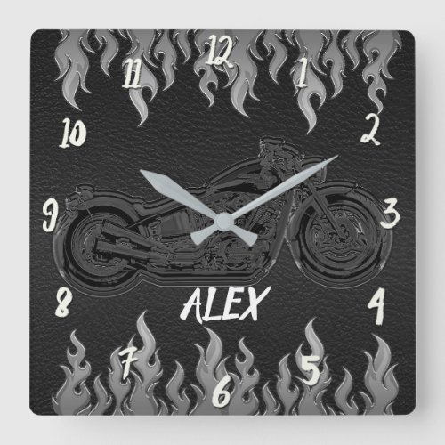 Black Leather  Silver Flames Hot Fire Motorcycle Square Wall Clock