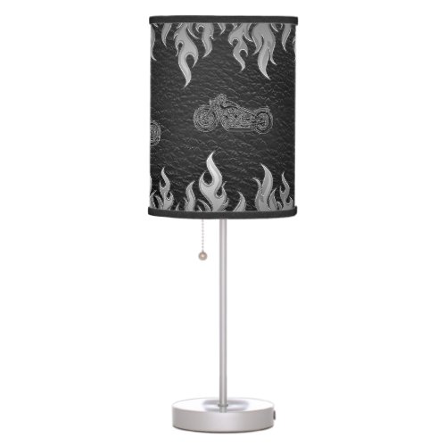 Black Leather Silver Flames Hot Fire Motorcycle Table Lamp