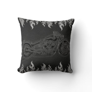 Black Leather Silver Flames Hot Fire Motorcycle Throw Pillow