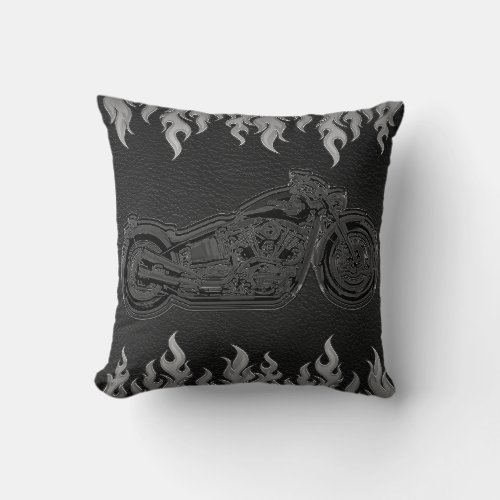 Black Leather Silver Flames Hot Fire Motorcycle Throw Pillow