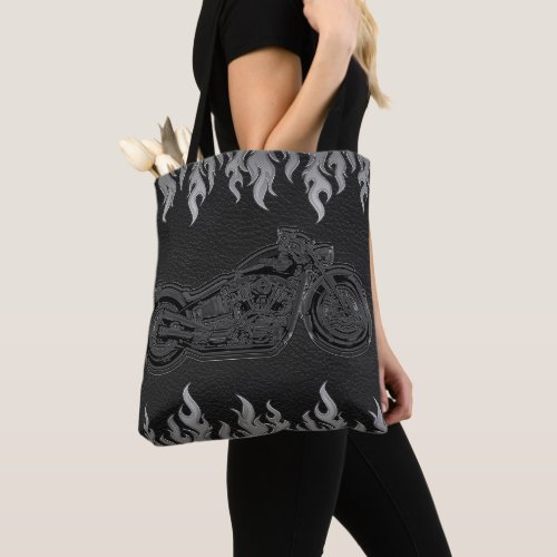 Black Leather Silver Flames Hot Fire Motorcycle Tote Bag