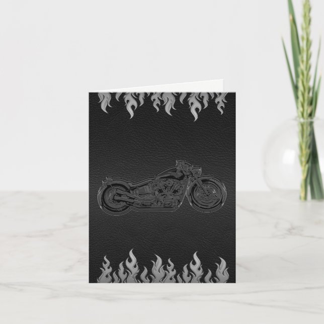 Black Leather Silver Flames Motorcycle Thank You Card (Front)