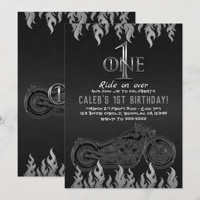 Black Leather Silver Motorcycle 1 ONE 1ST Birthday Invitation (Front/Back)