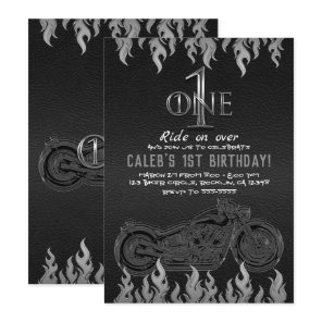 Black Leather Silver Motorcycle 1 ONE 1ST Birthday Invitation