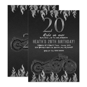 Black Leather Silver Motorcycle 20TH 20 Birthday Invitation