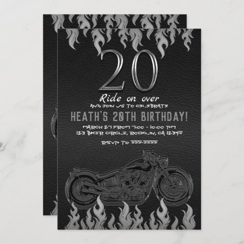 Black Leather Silver Motorcycle 20TH 20 Birthday Invitation