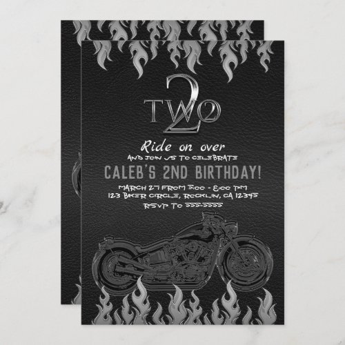 Black Leather Silver Motorcycle 2 TWO 2ND Birthday Invitation