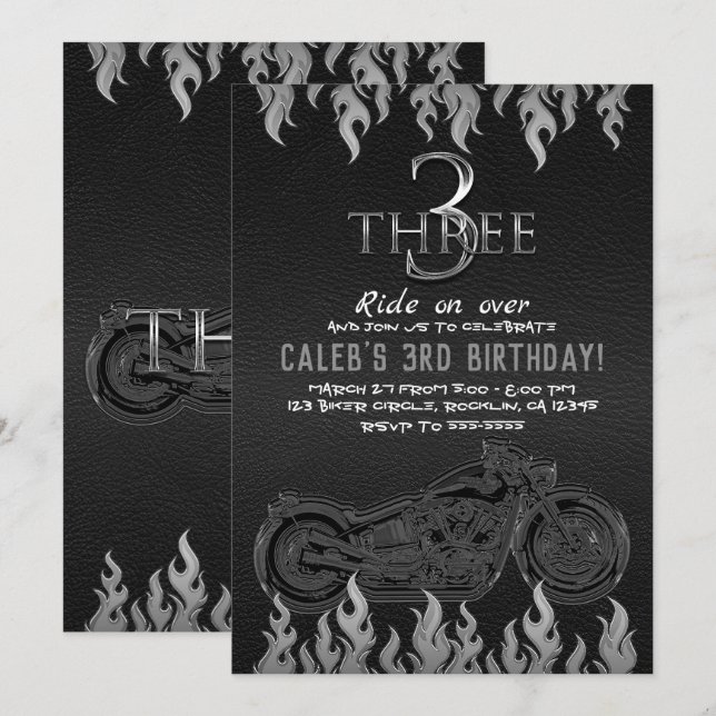 Black Leather Silver Motorcycle 3 3RD Birthday Invitation (Front/Back)