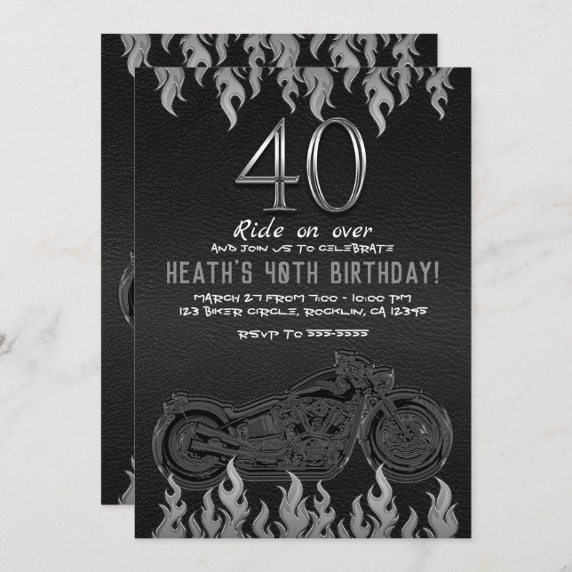 Black Leather Silver Motorcycle 40TH 40 Birthday Invitation (Front/Back)