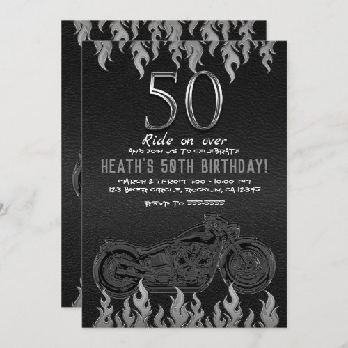 Black Leather Silver Motorcycle 50TH 50 Birthday Invitation