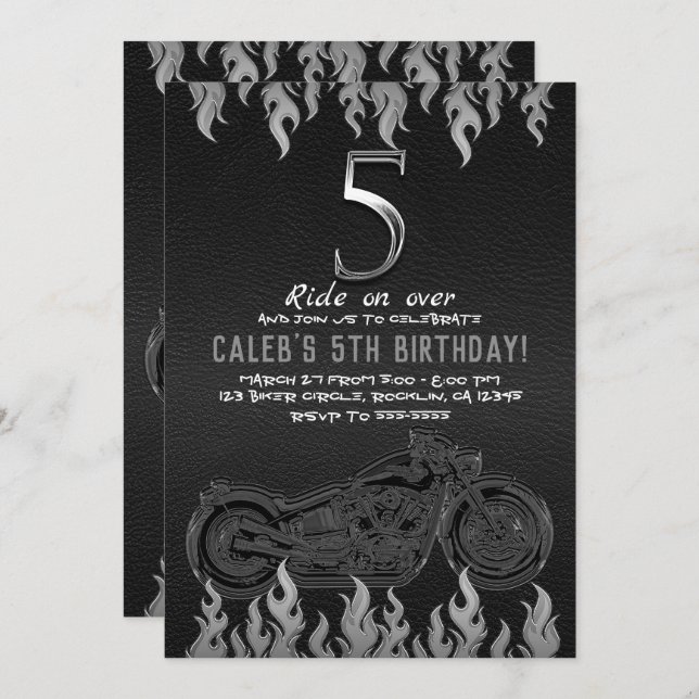 Black Leather Silver Motorcycle 5 5th Birthday Invitation (Front/Back)