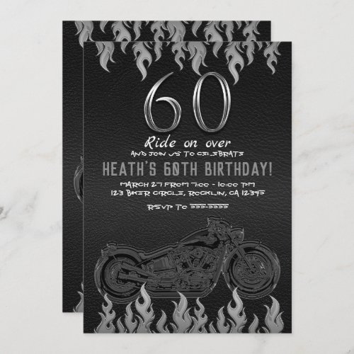 Black Leather Silver Motorcycle 60TH 60 Birthday Invitation