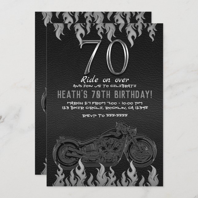 Black Leather Silver Motorcycle 70TH 70 Birthday Invitation (Front/Back)