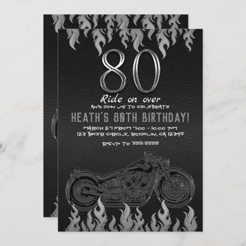 Black Leather Silver Motorcycle 80TH 80 Birthday Invitation