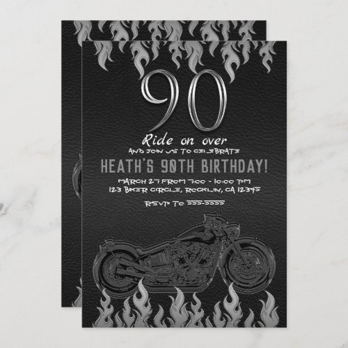 Black Leather Silver Motorcycle 90TH 90 Birthday Invitation