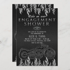 Black Leather Silver Motorcycle Engagement Shower Invitation