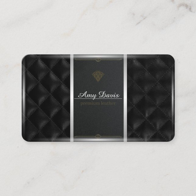 Black leather stitched with rectangular stitches business card (Front)