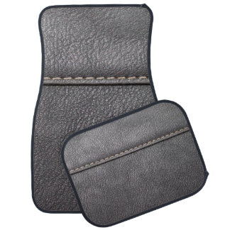 Black leather stitched with white stitching car floor mat