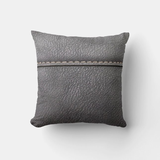 Black leather stitched with white stitching throw pillow (Front)