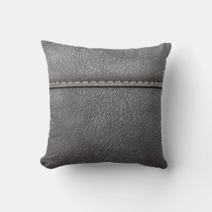 Black leather stitched with white stitching throw pillow