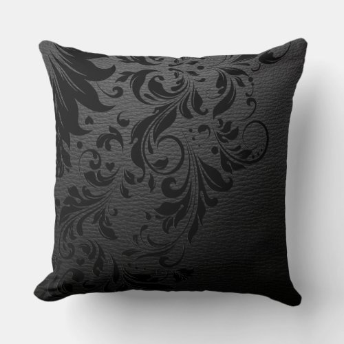 Black Leather Texture  Black Floral Lace Throw Pillow