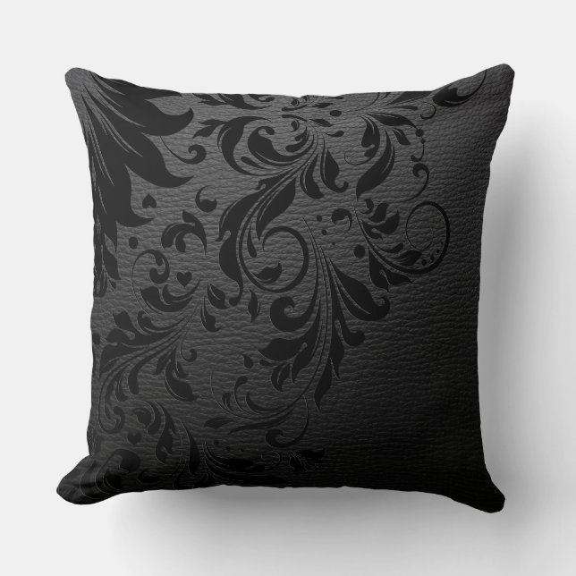 Black Leather Texture & Black Floral Lace Throw Pillow (Front)