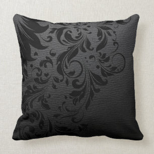 Black Leather Texture & Black Floral Lace Throw Pillow