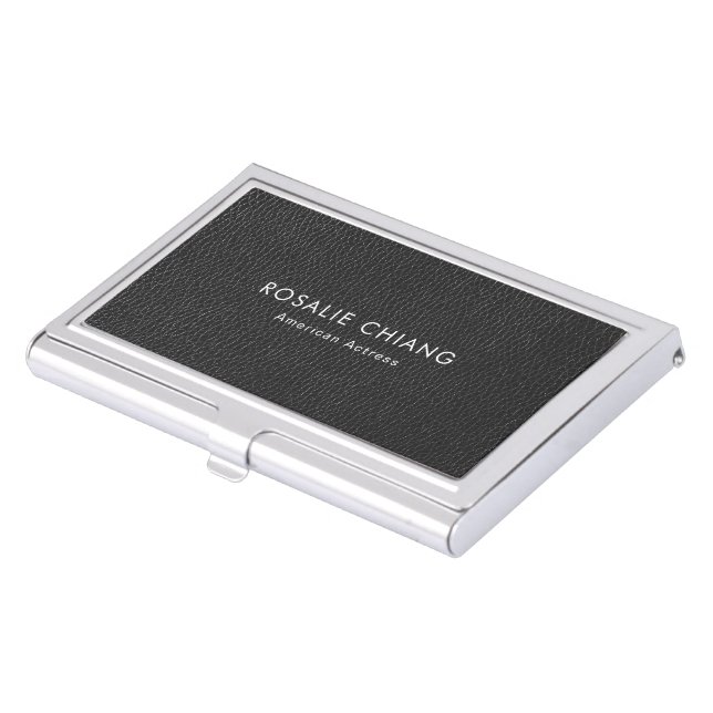 Black Leather Texture Custom Name And Title Business Card Case (Front)