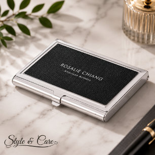 Black Leather Texture Custom Name And Title Business Card Case