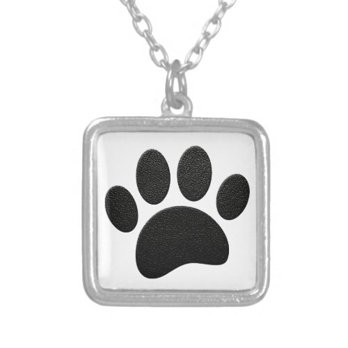 Black Leather Texture Dog Paw Print Silver Plated Necklace